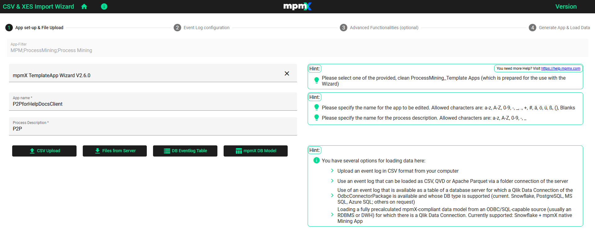 Process description and upload options