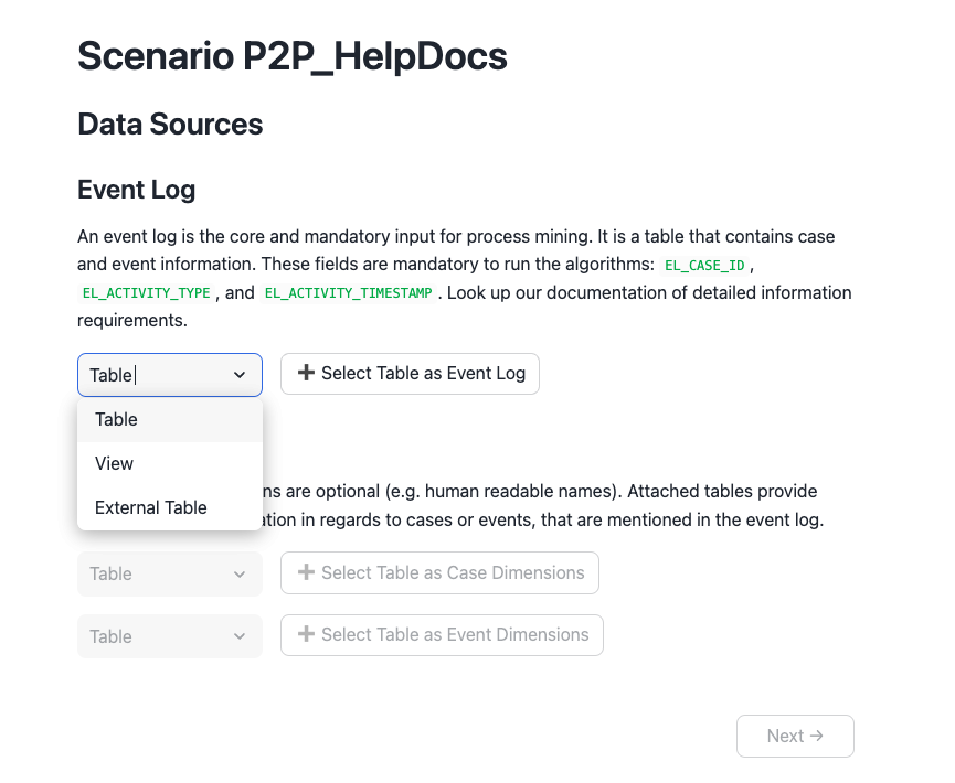 Data Sources - Event Log Table Dropdown