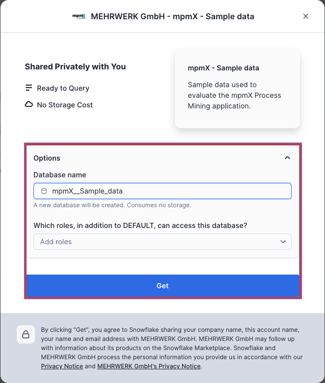 Database Options Popup