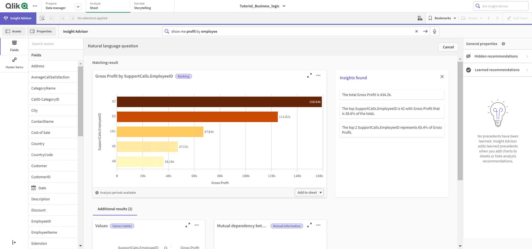 Screenshot of the Insight Advisor in the worksheet