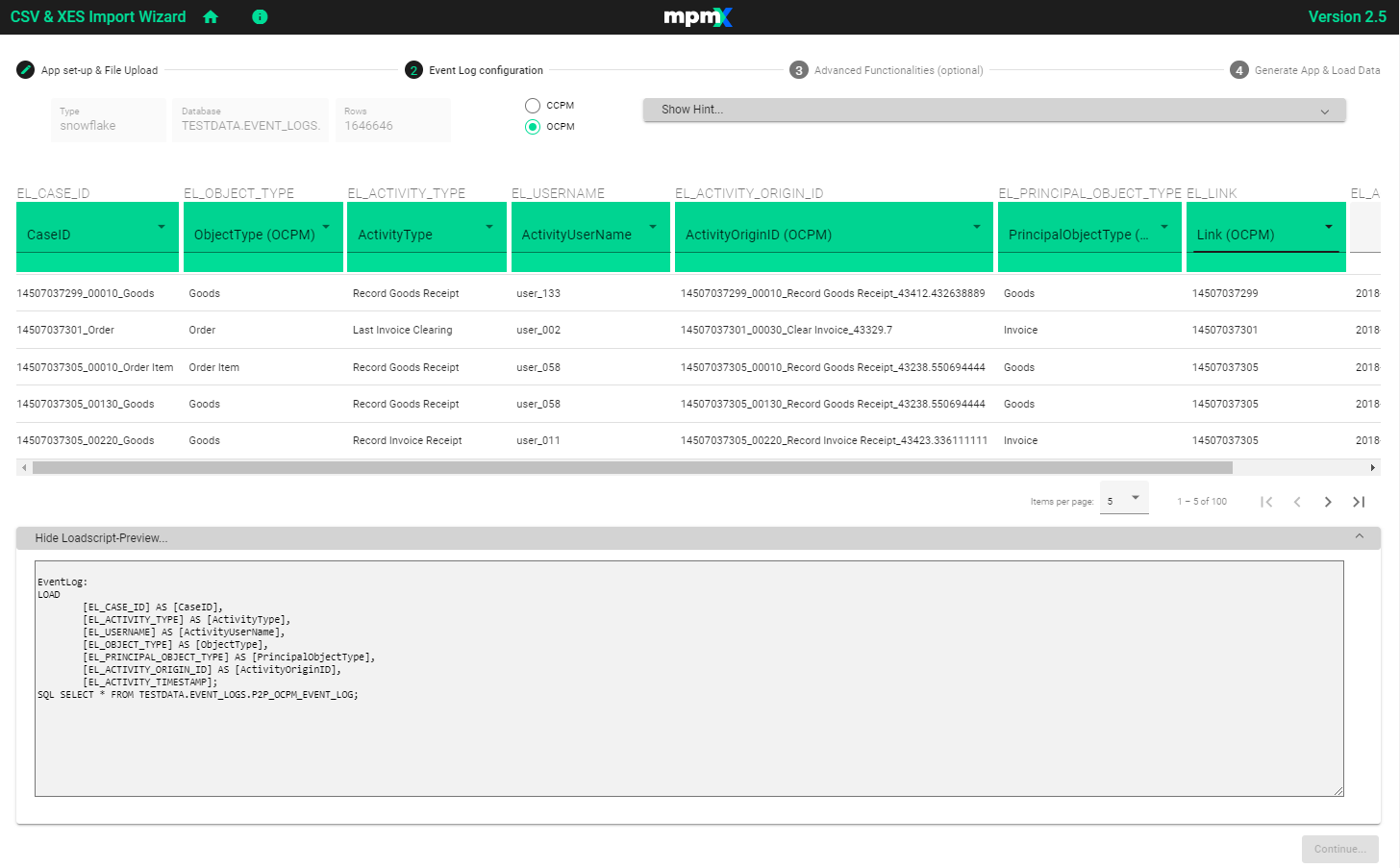 OCPM Event Log - Loadscript OCPM Fields