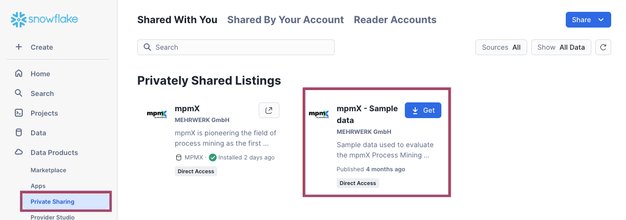 Get the Sample Data from the Private Sharing Category