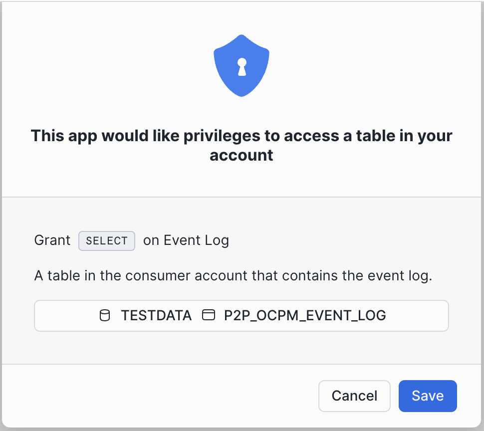 The app asks for access to a table in your account