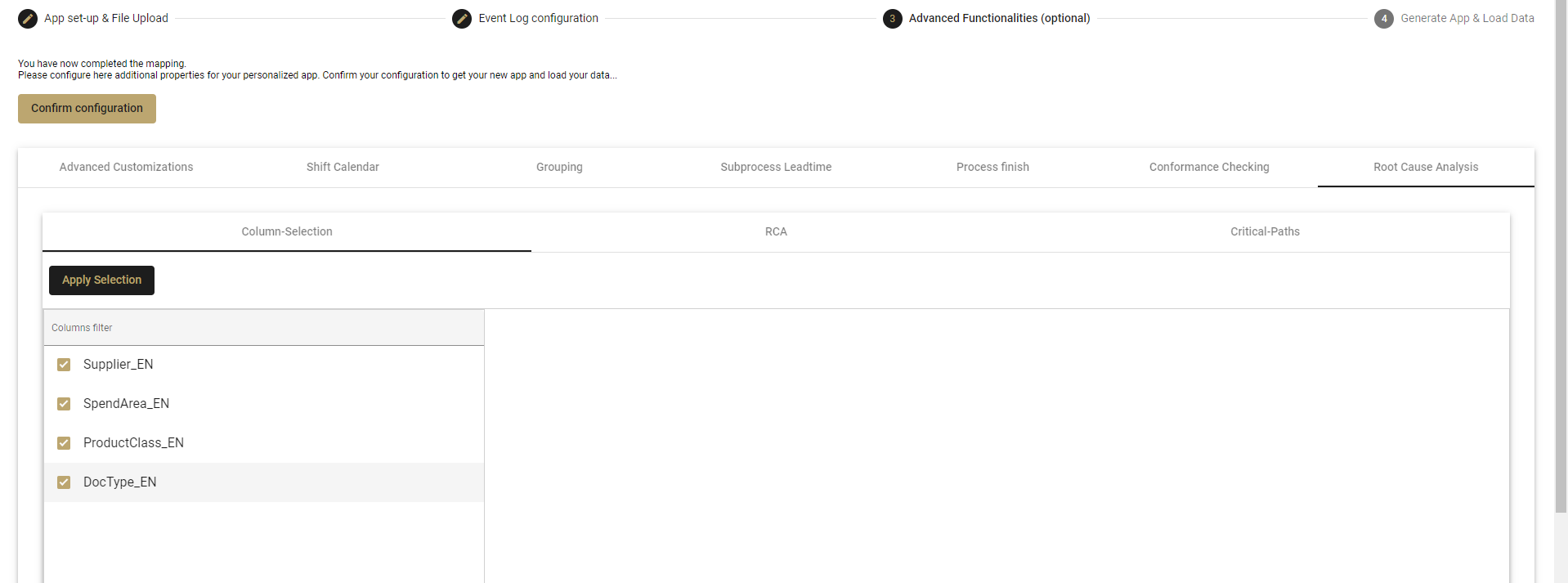 Root Cause Analysis - Column Selection Tab